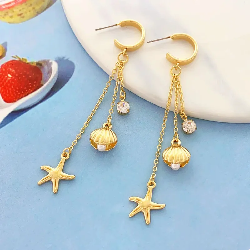 Drop Earrings for Valentine's Day -LOVCIA Elegant Starfish Shell Long Tassel Earrings with Micro Inlaid Pearls