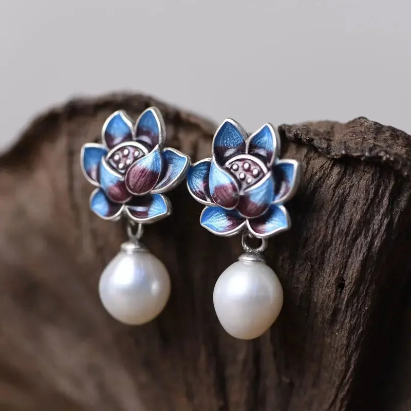 Drop Earrings for Mother's Day -LOVCIA Elegant Sterling Silver Lotus Flower Stud Earrings with Pearls