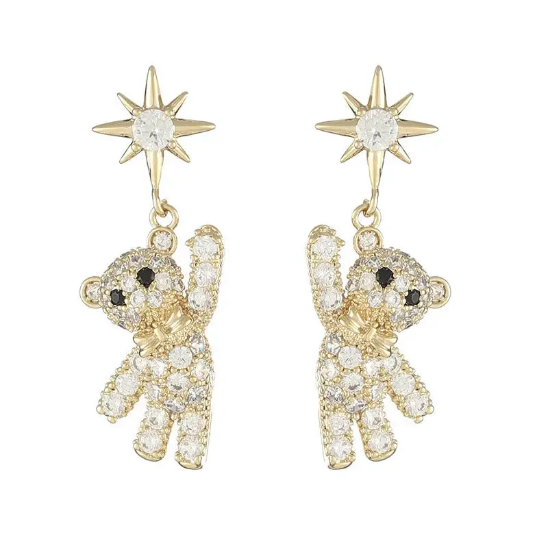 Drop Earrings for Beach Outfit -LOVCIA Modern Style Star-Shaped Silver Bear Stud Earrings with Gold-Plated Gemstones