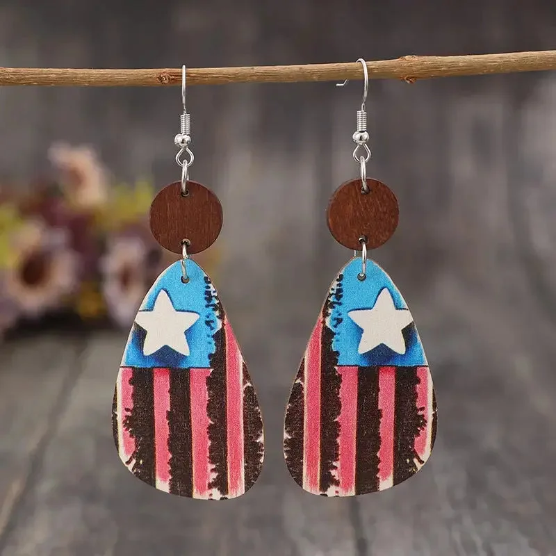 Studded Drop Earrings with Gemstones -LOVCIA Patriotic Wooden Dangle Earrings with Stars & Stripes for Women