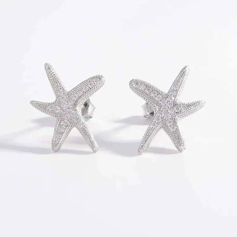 Crystal and Pearl Drop Earrings for Glamour -LOVCIA Platinum-Plated Sterling Silver Starfish Earrings with Inlaid Zircon for Women