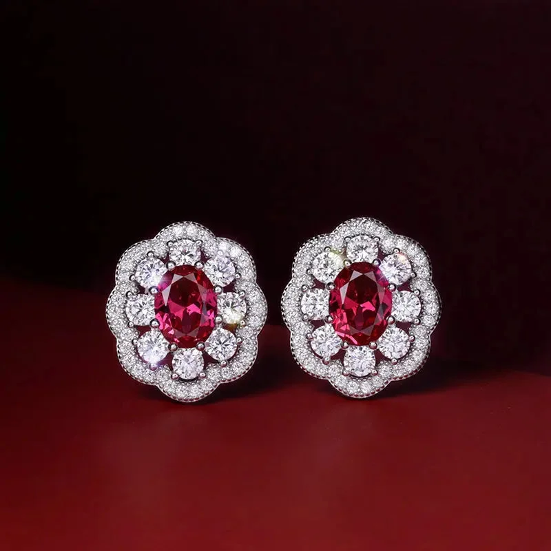 African Drop Earrings with Culture -LOVCIA Ruby Red Flower Sterling Silver Stud Earrings with Sparkling Zirconia - Elegant Jewelry for Women