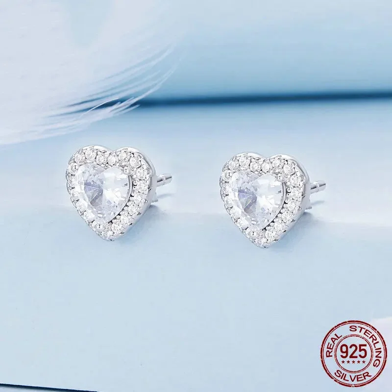 Lightweight Drop Earrings for All Day -LOVCIA Sterling Silver Classic Heart Stud Earrings for Women with Shining Zircon Crystals