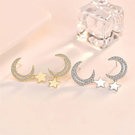 Heavy Duty Drop Earrings for Durability -LOVCIA Sterling Silver Crescent Moon and Stars Stud Earrings for Women with AAA Cubic Zirconia