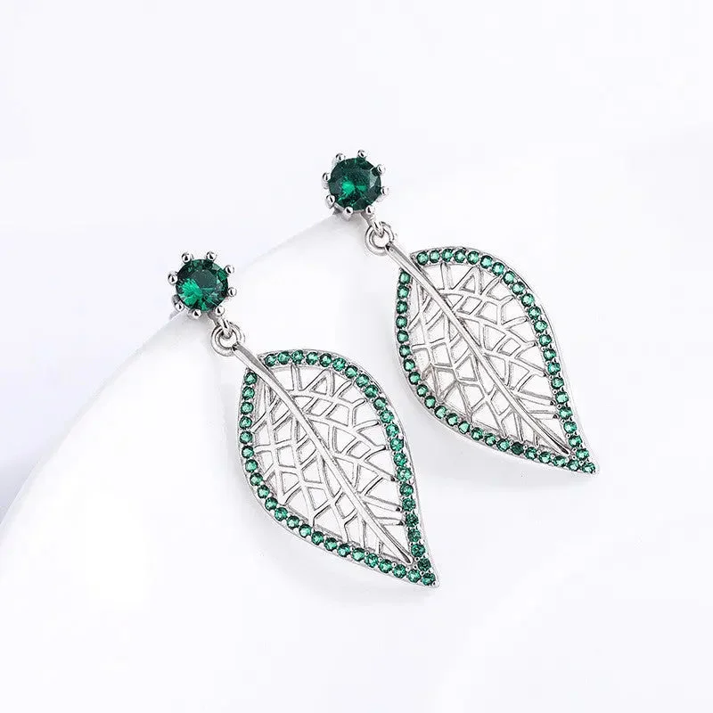 Push Back Drop Earrings for Convenience -LOVCIA Sterling Silver Leaf Stud Earrings with Green Gemstones for Women, Nature-Inspired Minimalistic Jewelry