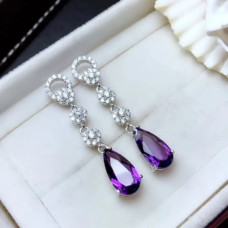 Crystal and Pearl Drop Earrings for Glamour -LOVCIA Sterling Silver Women's Earrings with Inlaid Amethyst Gemstones