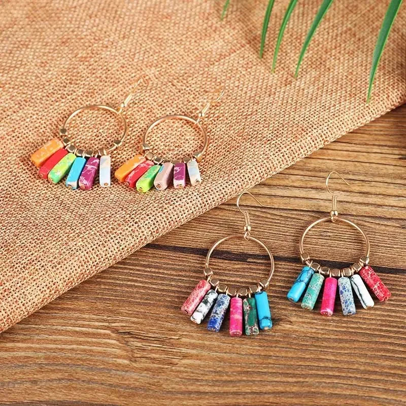 Drop Earrings with Matte Finish -LOVCIA Vibrant Bohemian Turquoise Hoop Earrings with Hollow Circle Design