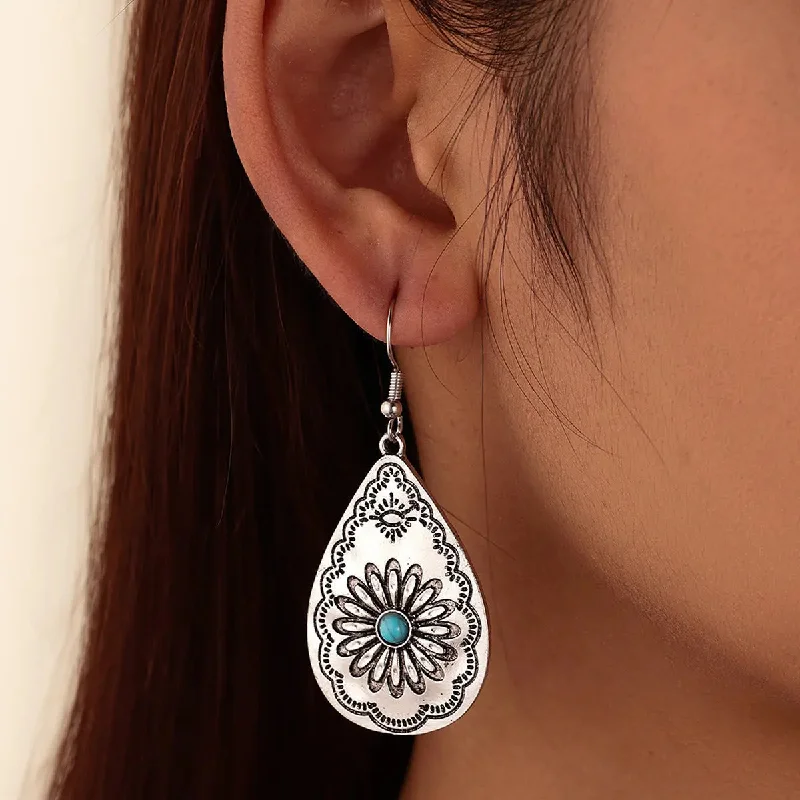 Drop Earrings for Prom Night -LOVCIA Vintage-Inspired Teardrop Women's Earrings with Sunflower Turquoise Carving in Silver