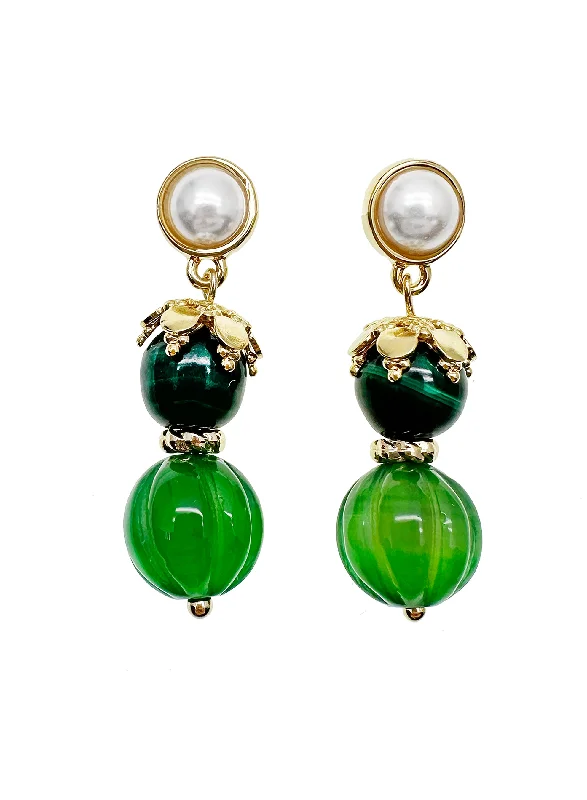 Heavy Duty Drop Earrings for Durability -Malachite With Green Jade Dangle Earrings JE040