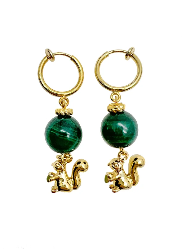 Tarnish Resistant Drop Earrings for Longevity -Malachite With Squirrel Clip-on Earrings JE035