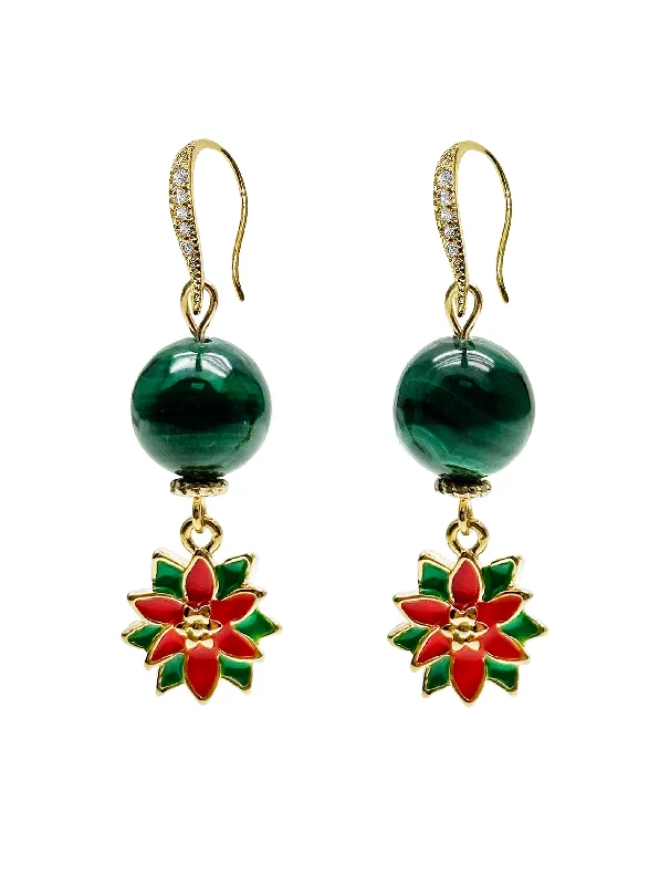 Drop Earrings with Vine Designs -Malachite With X'mas Flower Dangle Earrings KE012