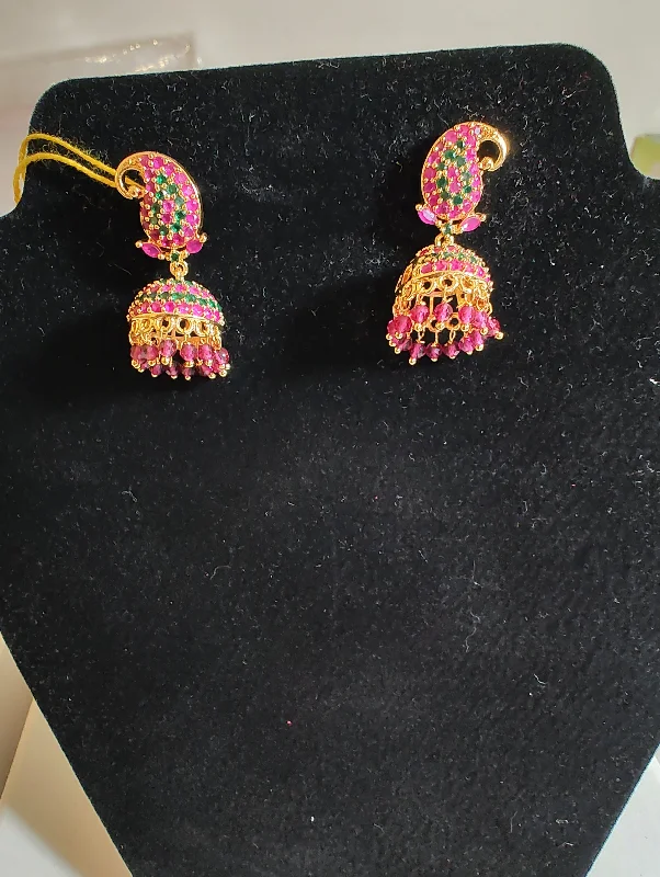 Drop Earrings with Embossed Patterns -Beautiful Mango Model Jhumka With Red And Green Stones