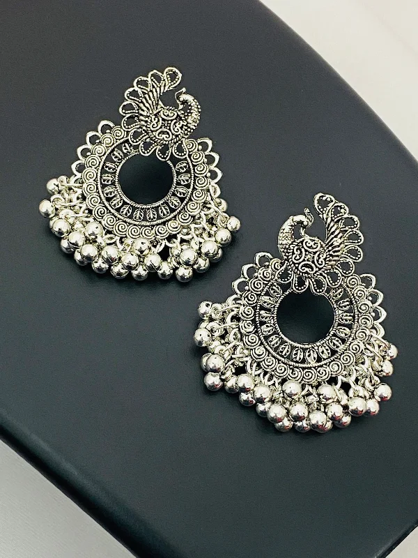 Crystal Drop Earrings for Sparkle -Alluring Oxidized Silver Peacock Design Jhumkas With Bead Hangings