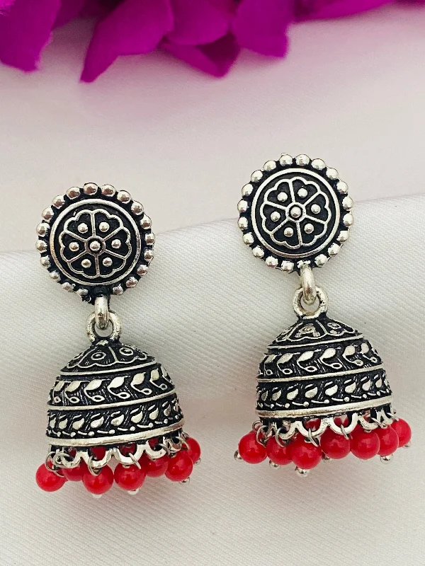 Drop Earrings with Debossed Designs -Red Beaded Tear Drop Designer Jhumka With Sphere Studs