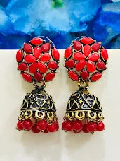 Beaded Drop Earrings for Party -Gorgeous Gold Plate Red Color With Beads Earrings For Women