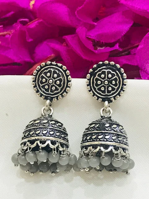 Magnetic Closure Drop Earrings for Easy -Lovely Oxidized Jhumka Earrings With Grey Color Beads For Women