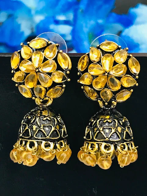 Studded Drop Earrings with Gemstones -Beautiful Gold Color Flower Design With Beads Earring For Women