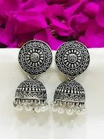 Push Back Drop Earrings for Convenience -Exquisite Traditional Oxidized Jhumka Earrings With White Beads For Women