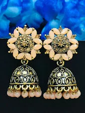 Drop Earrings with Filigree Work -Gorgeous Gold Plated Earrings With Pink Stone Beads