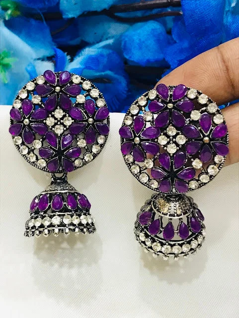 Adjustable Drop Earrings for Custom Fit -Lovely Purple Color Oxidized Jhumka Earrings With Glittering Stones For Women