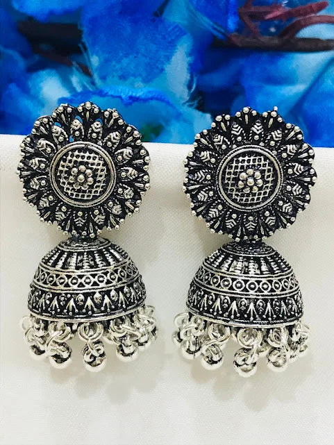 Heavy Duty Drop Earrings for Durability -Graceful Silver Color Oxidized Jhumka Earrings With Beads For Womens