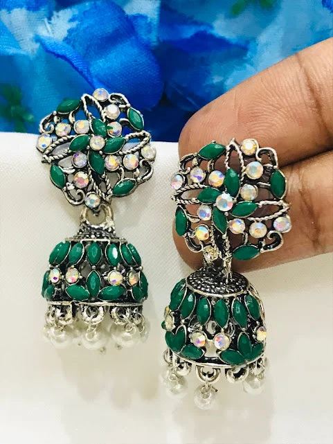 Lightweight Drop Earrings for All Day -Attractive Green Color Oxidized Jhumka Earrings With Beads And Stones