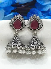 Gemstone and Diamond Drop Earrings for Opulence -Beautiful Maroon Color Stoned Silver Oxidized Jhumka Earrings With Drops