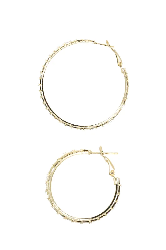 Drop Earrings with Textured Surface -Medium, Golden Hoops with Rectangular Gems