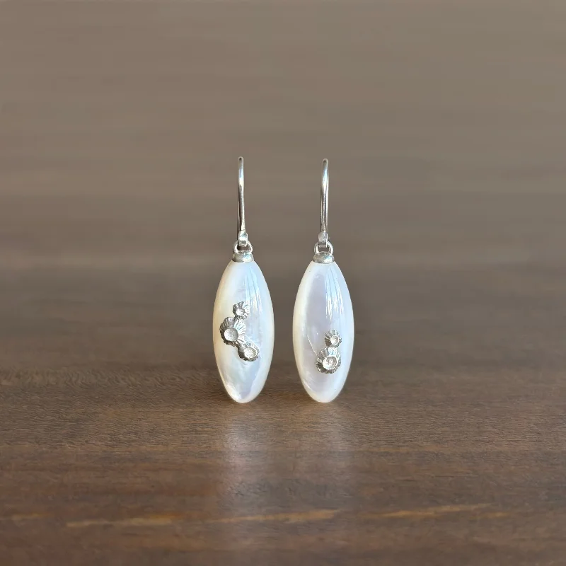 Drop Earrings with Chevron Designs -Medium Mother of Pearl Earrings with Silver Barnacles