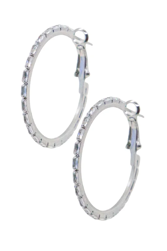 Drop Earrings with Embossed Patterns -Medium Sterling Silver Hoops with Rectangular Gems