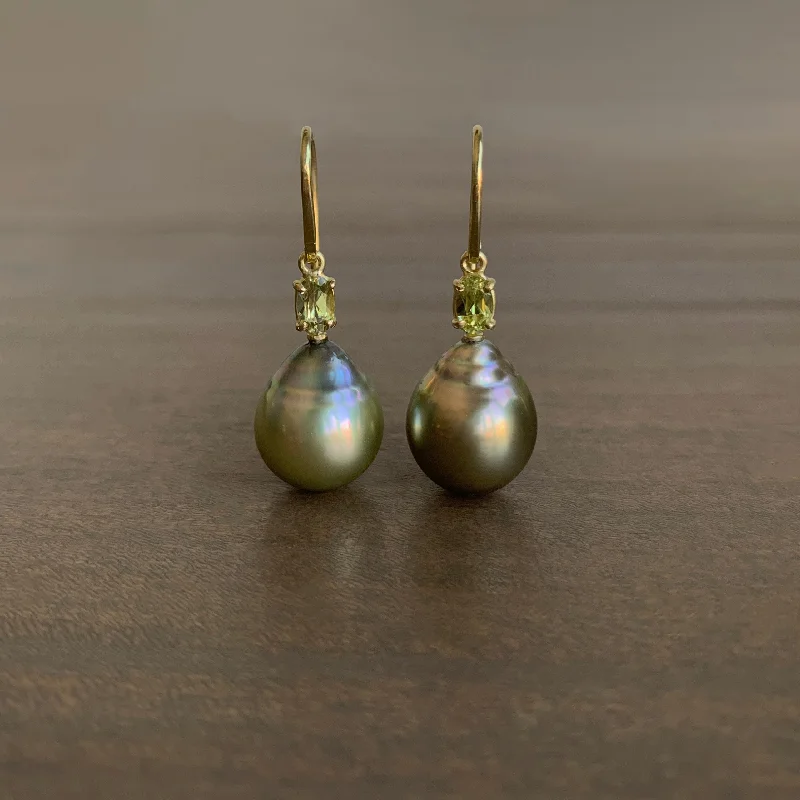 Drop Earrings with Symbolic Elements -Pistachio Tahitian Pearl Earrings with Chrysoberyl