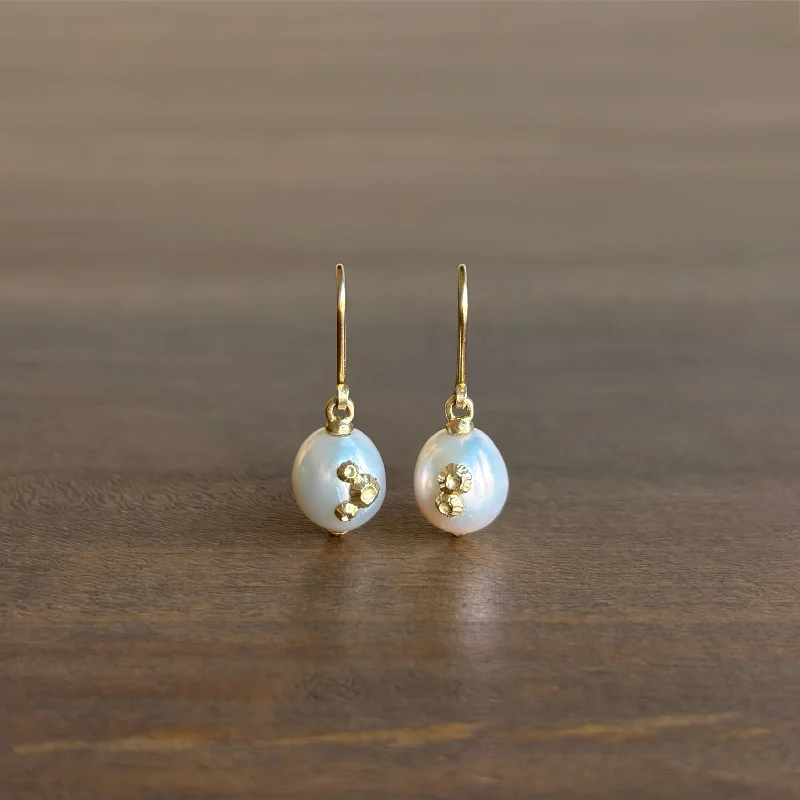 Drop Earrings with Vine Designs -Moonshine Baroque Pearl Earrings with Gold Barnacles