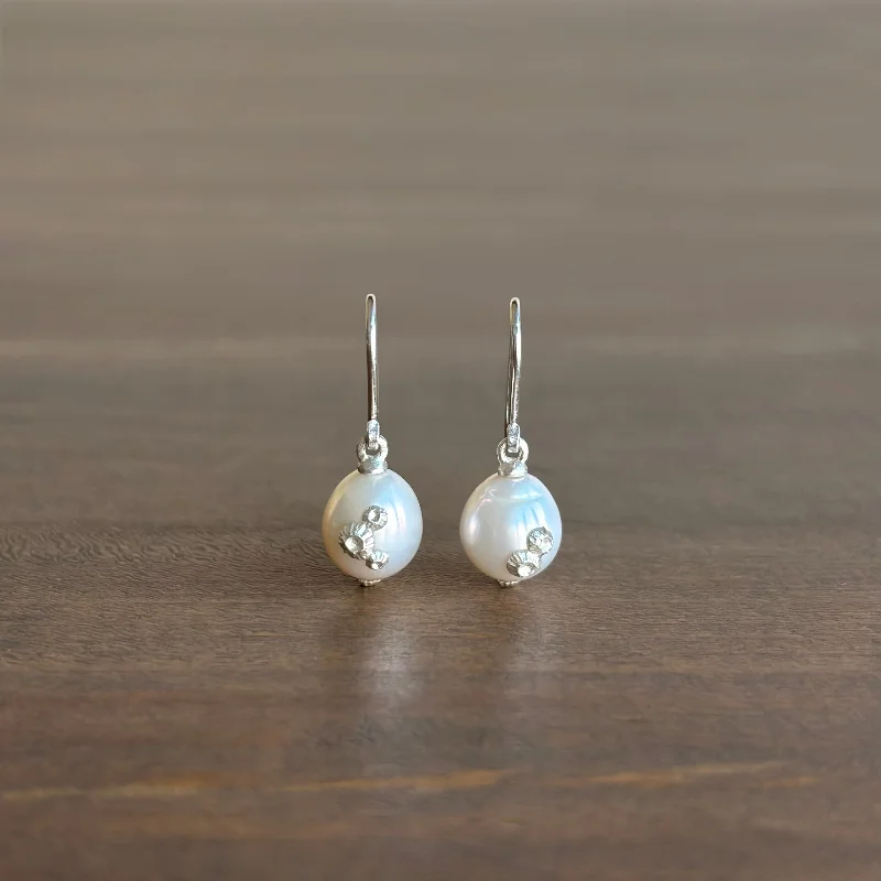 Drop Earrings with Wave Designs -Moonshine Baroque Pearl Earrings with Silver Barnacles