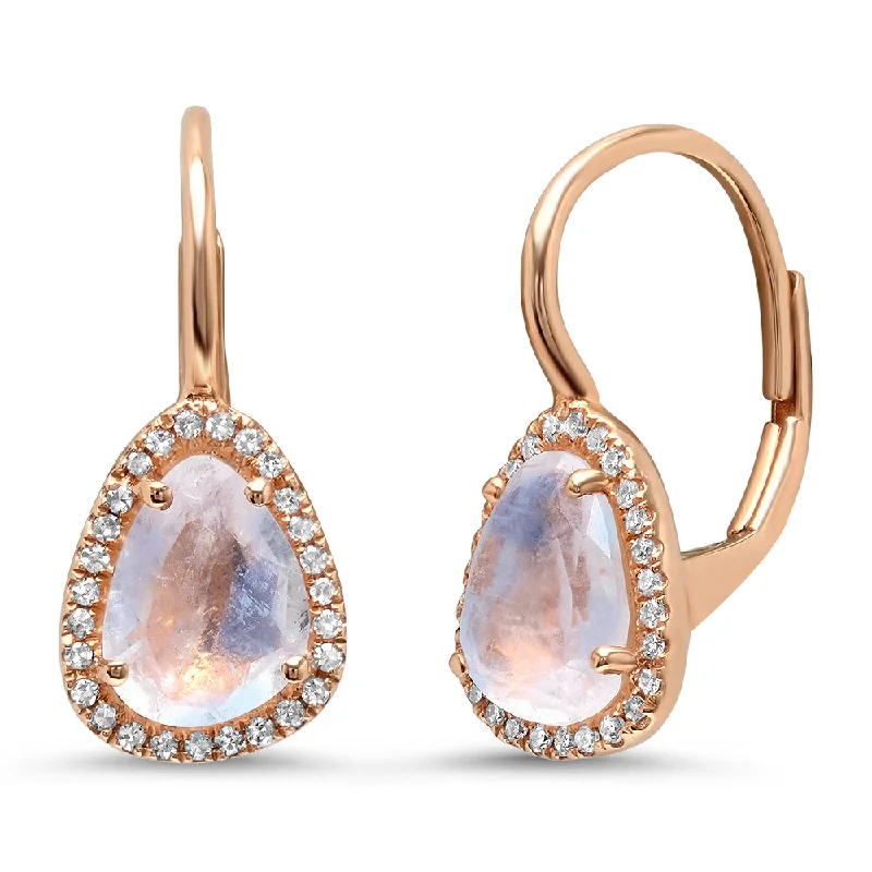 Leverback Drop Earrings for Comfort -Moonstone with Diamond Halo Everyday Drops Earrings