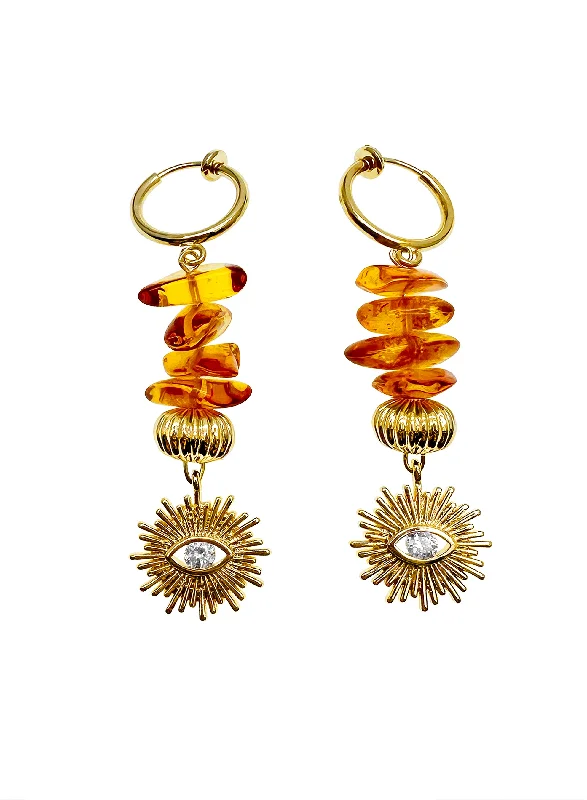 Short Drop Earrings for Subtle -Natural Amber With Evil Eye Dangle Clip-on Earrings JE014