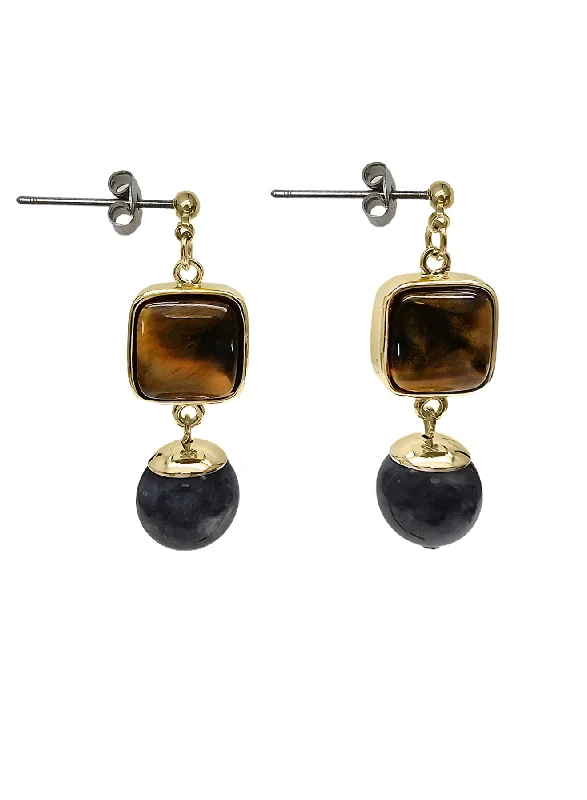 Waterproof Drop Earrings for Outdoor -Tiger-eye Stone With Black Obsidian Minimalist Earrings NE001