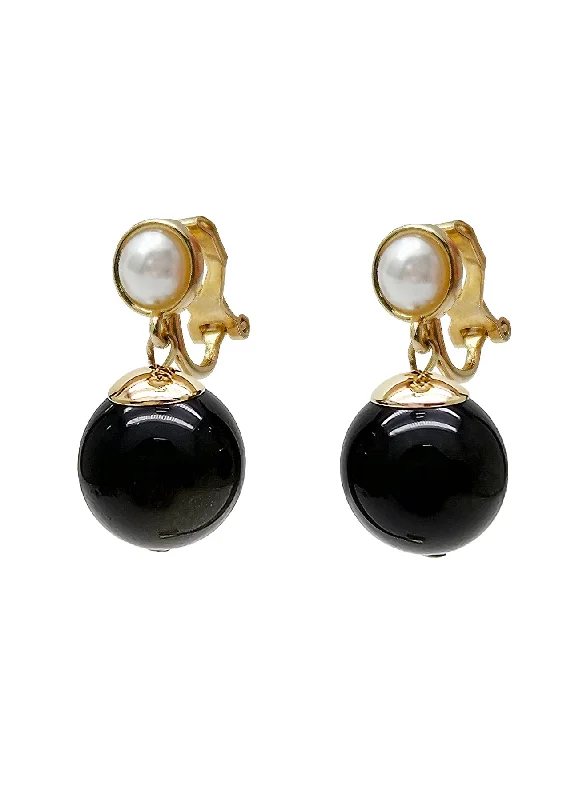 Lead Free Drop Earrings for Health -Black Obsidian With Pearls Clip-on Earrings NE005