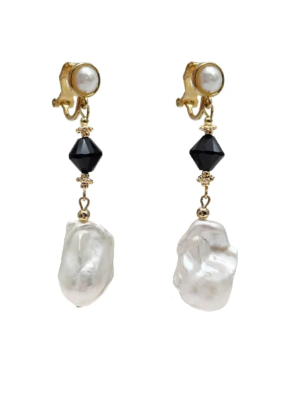 Nickel Free Drop Earrings for Safety -Baroque Pearls With Black Obsidian Clip-on Earrings NE007