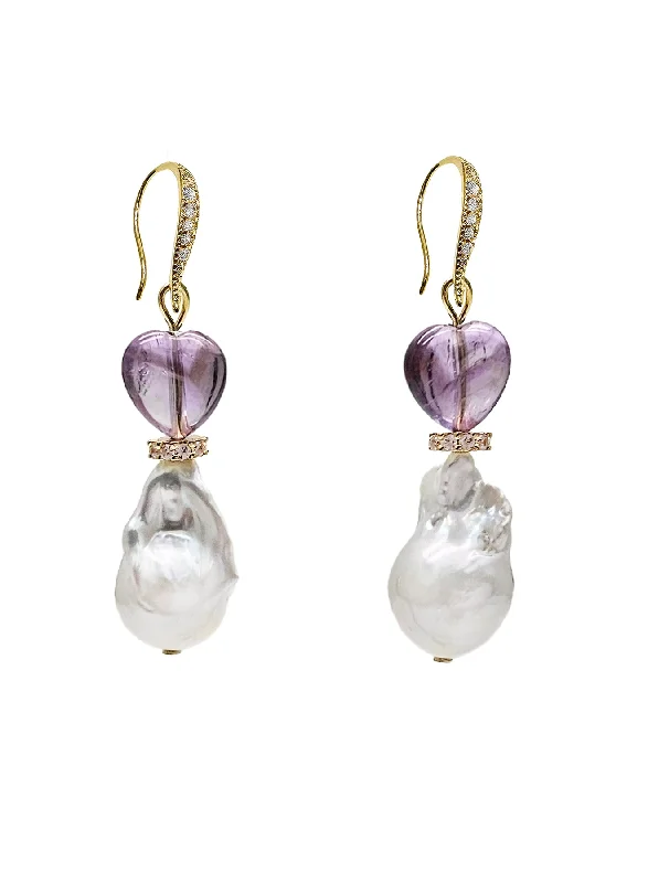 Indian Drop Earrings with Intricacy -Baroque Pearls With Heart Amethyst Earrings NE014