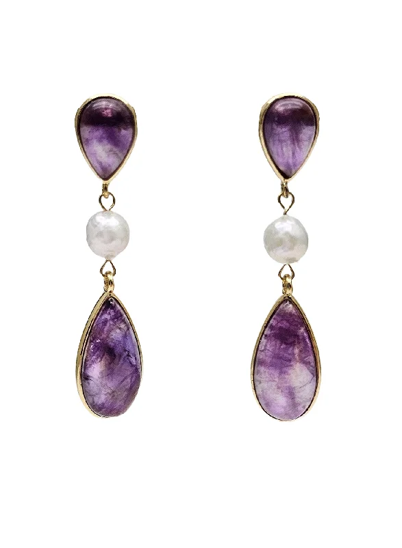 Ethnic Drop Earrings with Tribal Design -Teardrop Amethyst With Freshwater Pearls Earrings NE019