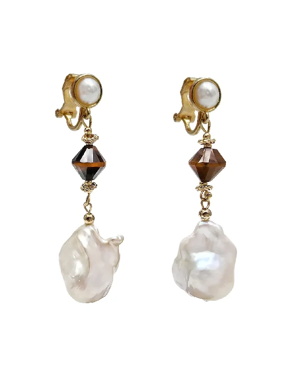 Vintage Drop Earrings with Patina -Baroque Pearls With Tiger Eye Dangle Clip-on Earrings NE022