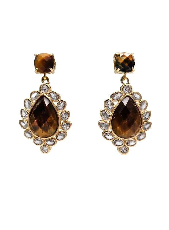 Contemporary Drop Earrings for Fashion -Brown Tiger Eye Stone With Zircon Statement Earrings NE024