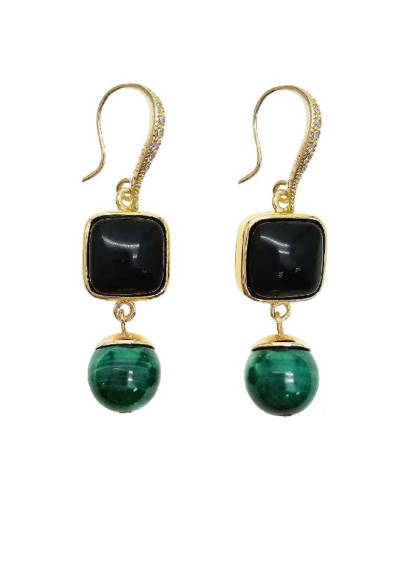 Minimalist Drop Earrings with Simplicity -Square Black Obsidian With Malachite Earrings NE026