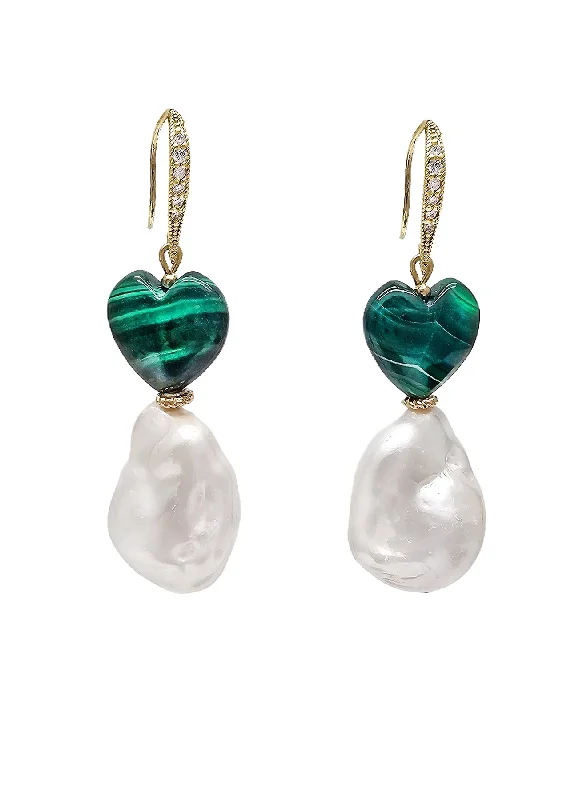 Maximalist Drop Earrings for Bling -Natural Baroque Pearls With Heart Malachite Earrings NE028