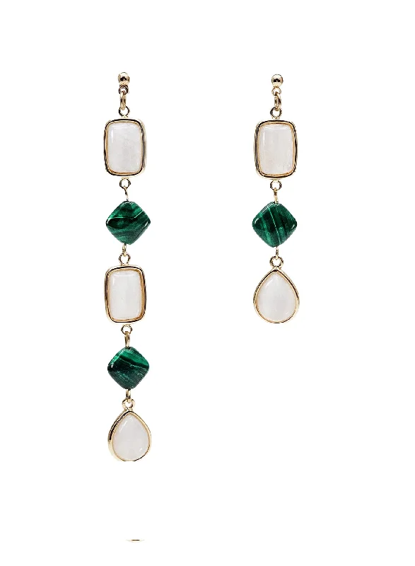 Hippie Drop Earrings with Beads -Moonstone With Malachite Asymmetric Earrings NE032