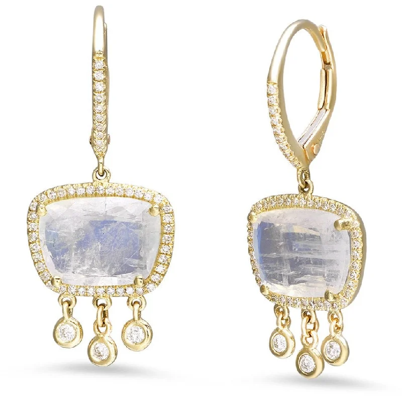 Crystal and Pearl Drop Earrings for Glamour -Oblong Moonstone with Diamond Bezel Drops Earrings