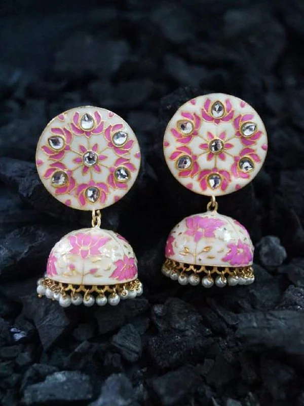 Drop Earrings with Hammered Finish -Rubans Off-White & Pink Enamel Kundan Jhumkas with Pearls