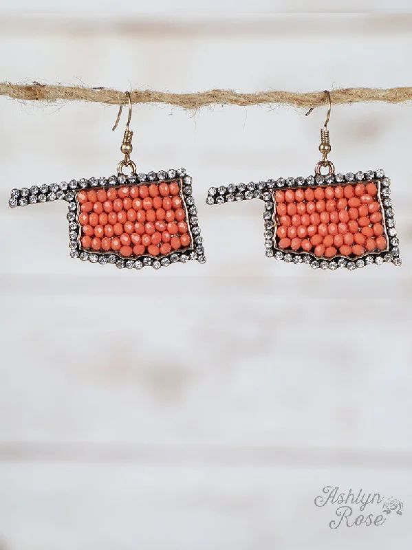 Animal Print Drop Earrings for Fun -Oklahoma Beaded Earrings with Crystal Outline