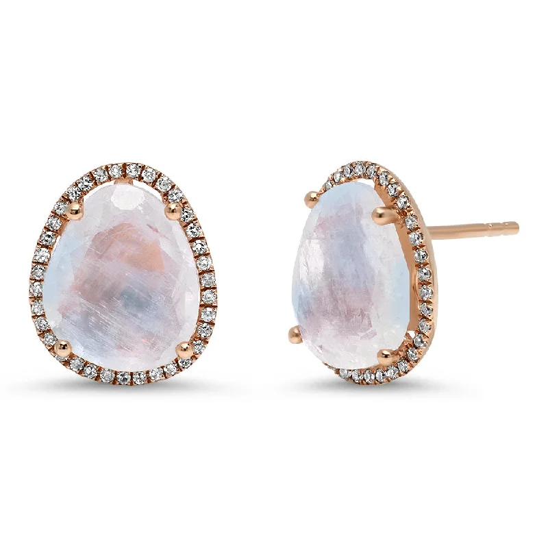 Clip On Drop Earrings for Non Pierced -Organic Shape Large Moonstone with Diamond Halo Stud Earring