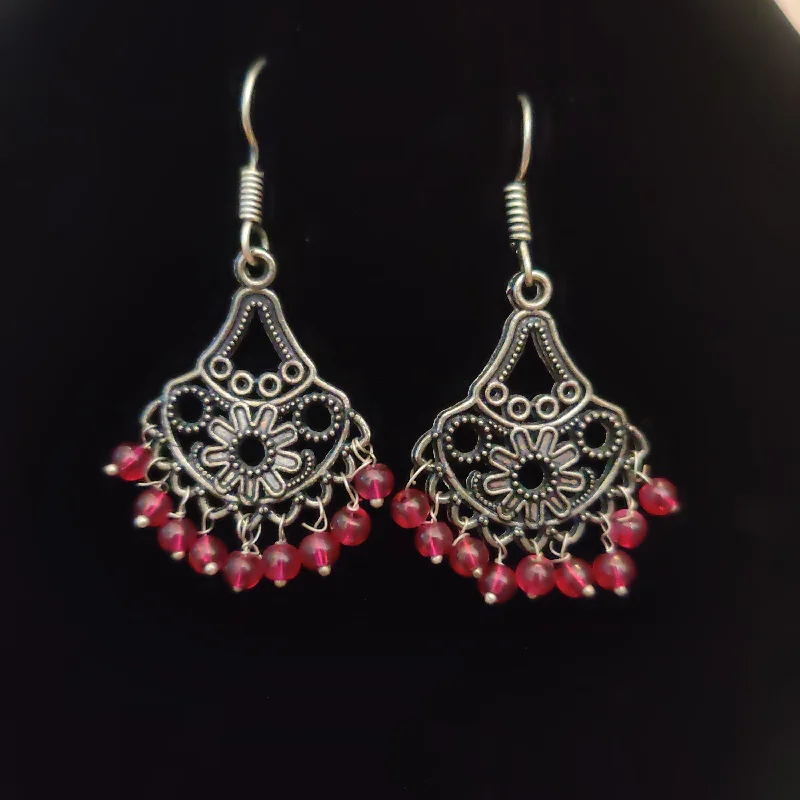 Drop Earrings with Hammered Finish -Beautiful Oxidized Earrings With Red Color Beeds